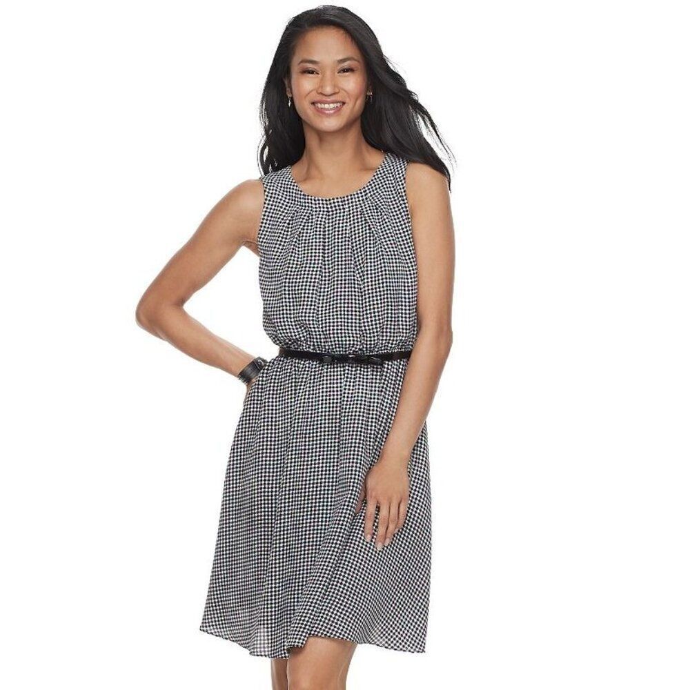 NWT ELLE™ Print Fit & Flare Dress-Black Twill Check-XL